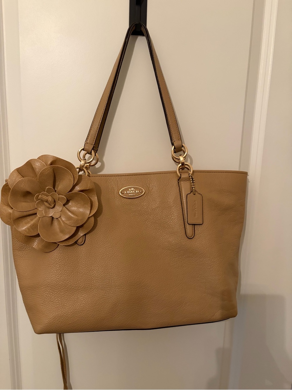 Coach Ellis Tan Leather Tote with Matching Floral Charm